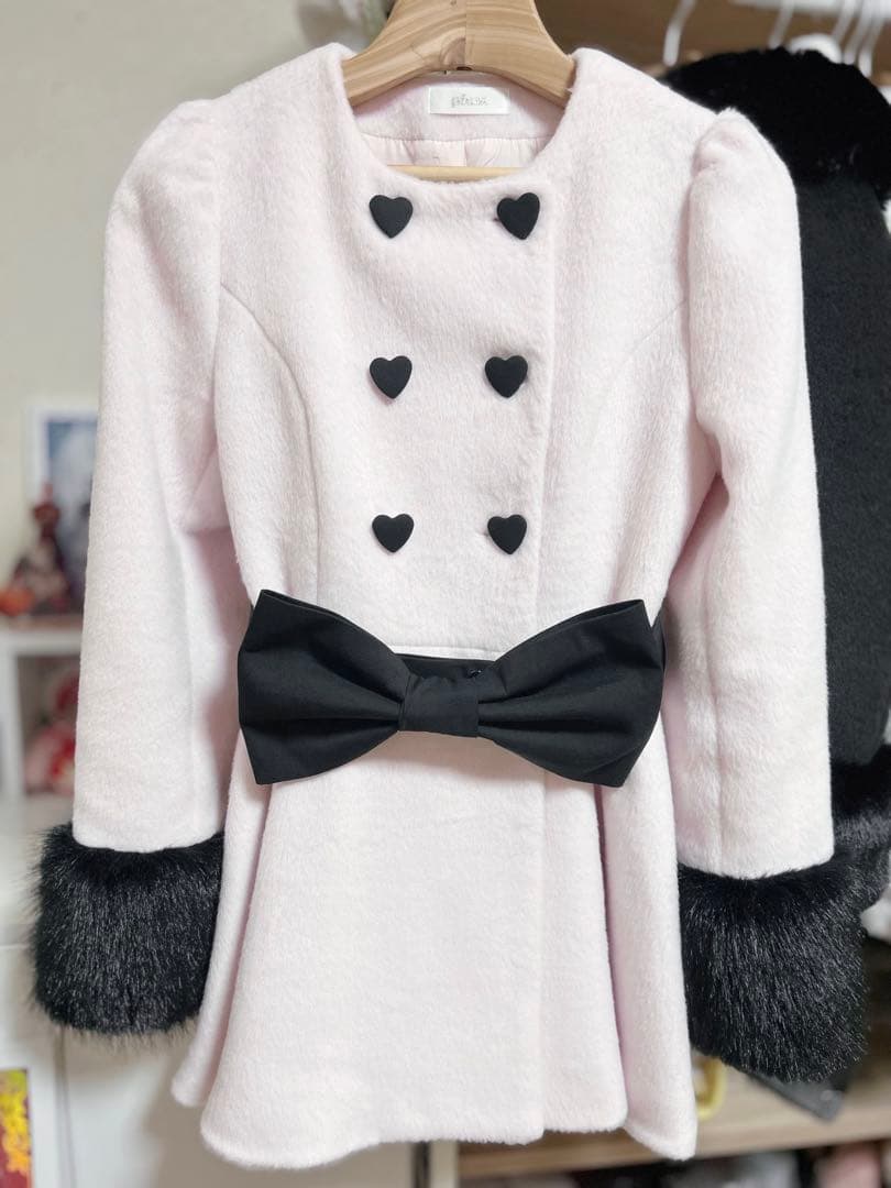 pium ハートボタンリボンベルトシャギーコート