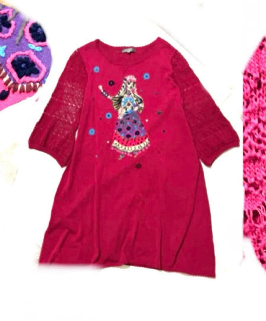 美品　トクコプルミエヴォル ワンピース　ニット　セーター　チュニック　刺繍　花