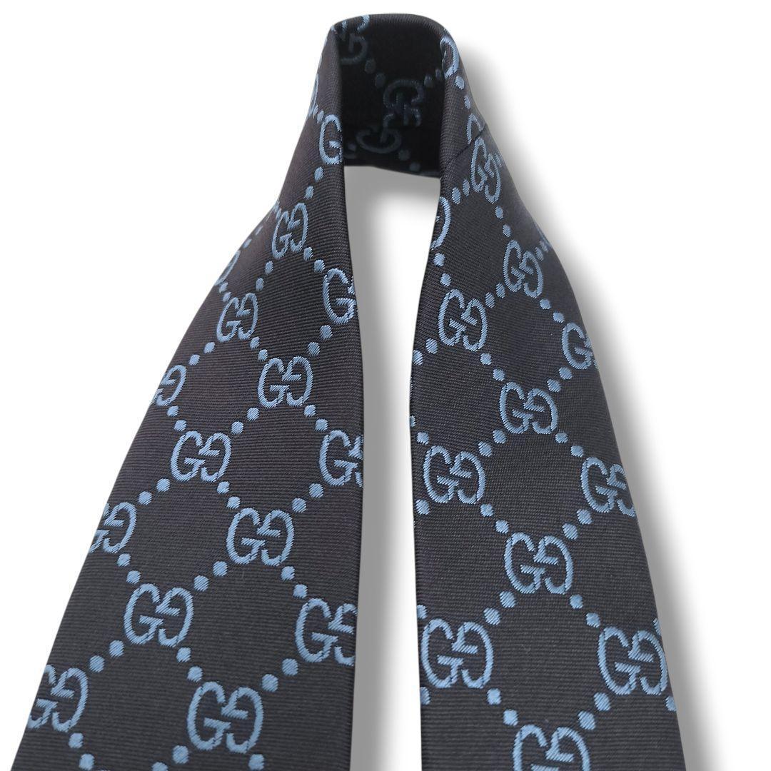未使用　グッチ　ネクタイ　GGパターン　格子　ジャガード　マーモント　光沢　濃紺