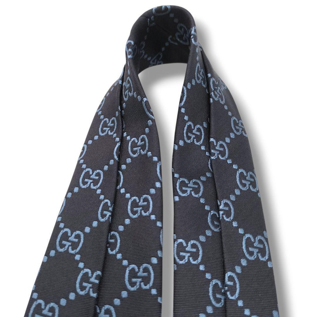 未使用　グッチ　ネクタイ　GGパターン　格子　ジャガード　マーモント　光沢　濃紺