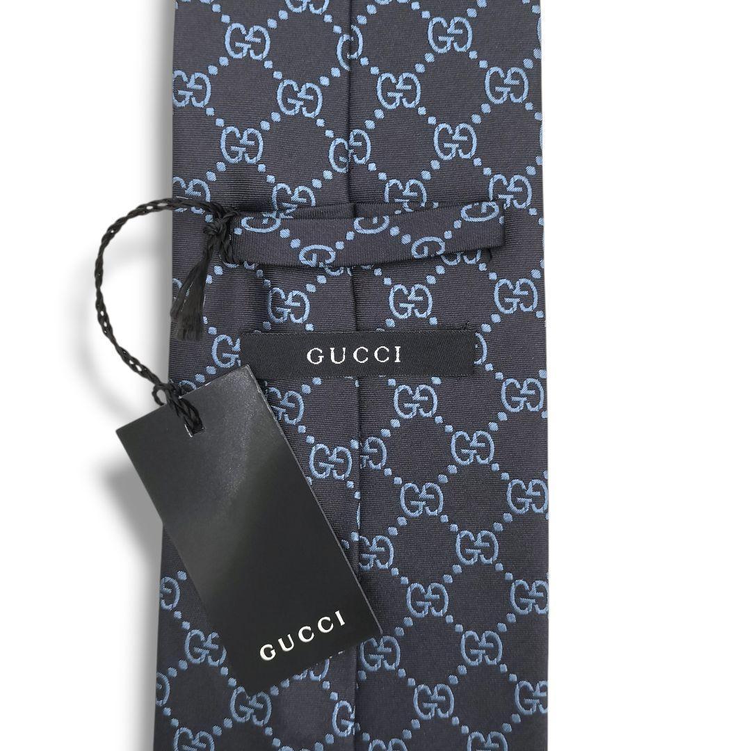 未使用　グッチ　ネクタイ　GGパターン　格子　ジャガード　マーモント　光沢　濃紺