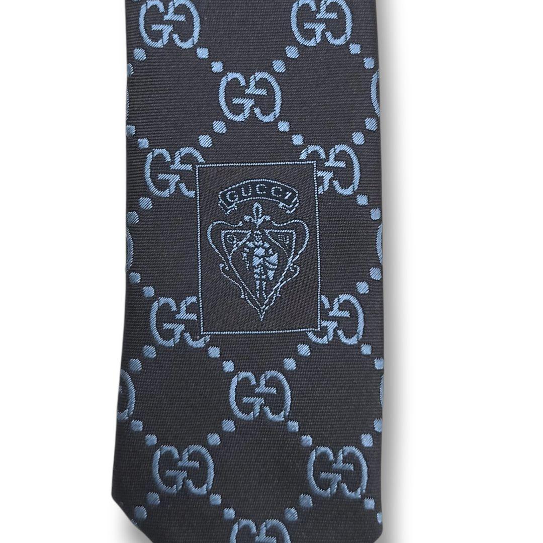 未使用　グッチ　ネクタイ　GGパターン　格子　ジャガード　マーモント　光沢　濃紺