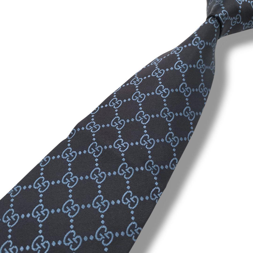 未使用　グッチ　ネクタイ　GGパターン　格子　ジャガード　マーモント　光沢　濃紺
