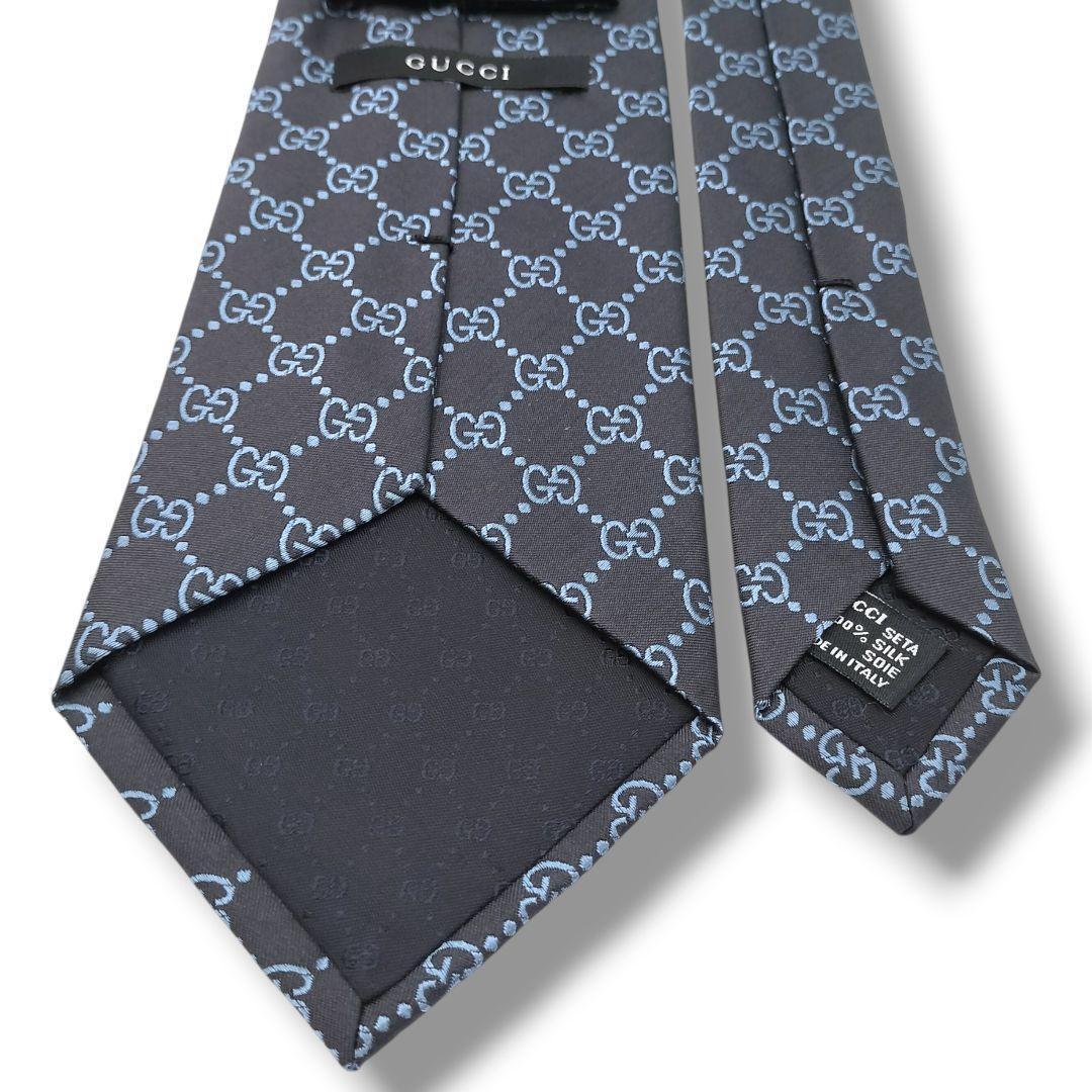 未使用　グッチ　ネクタイ　GGパターン　格子　ジャガード　マーモント　光沢　濃紺