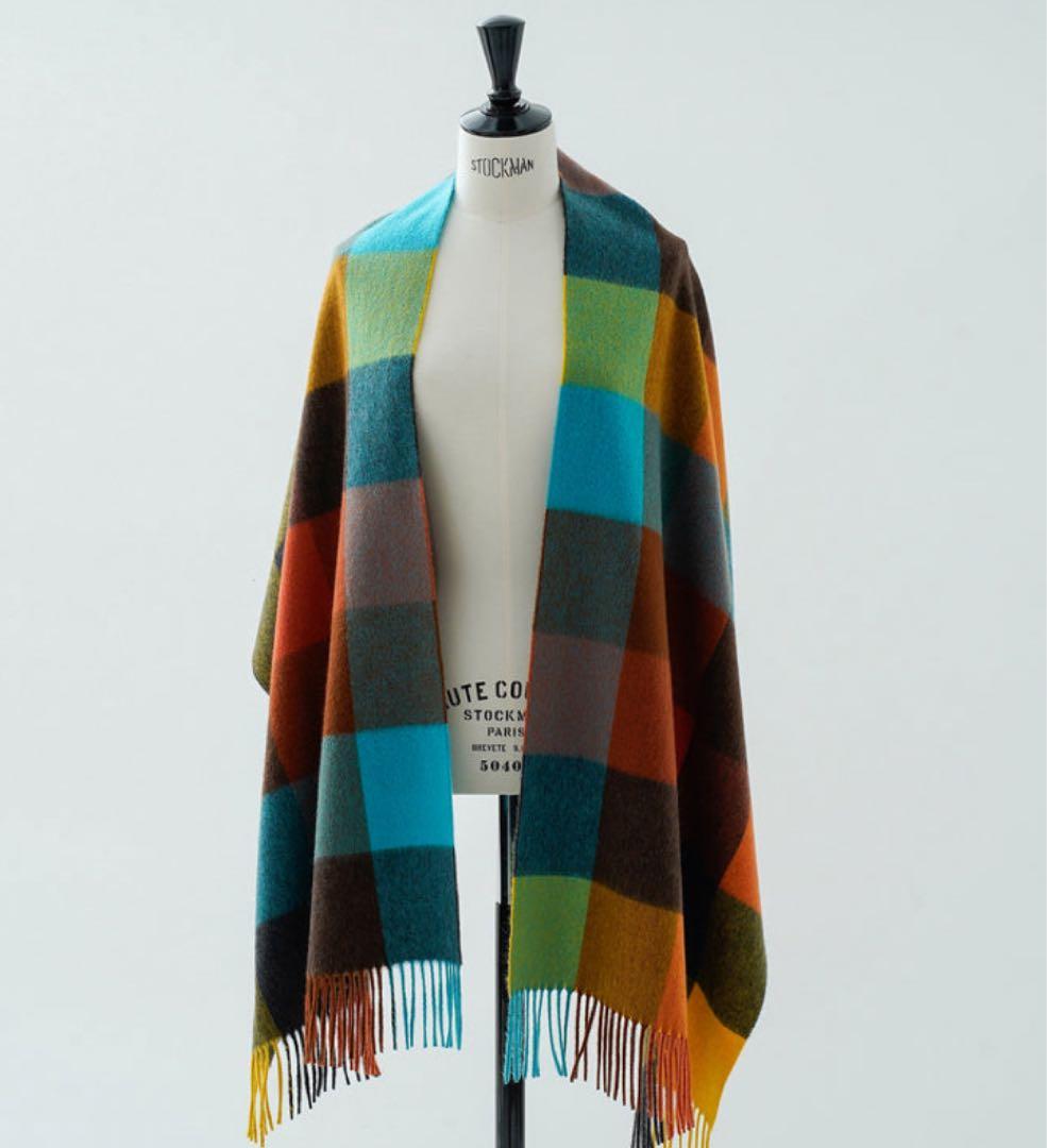 美品 ジョシュアエリス 大盤 ストール マルチ ブロックチェック 50×190