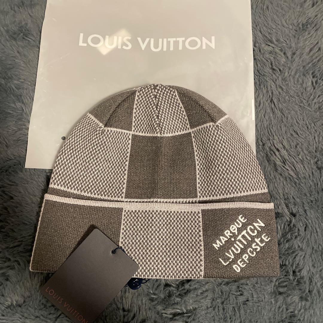 ルイヴィトン グレー チェック柄 ニット帽