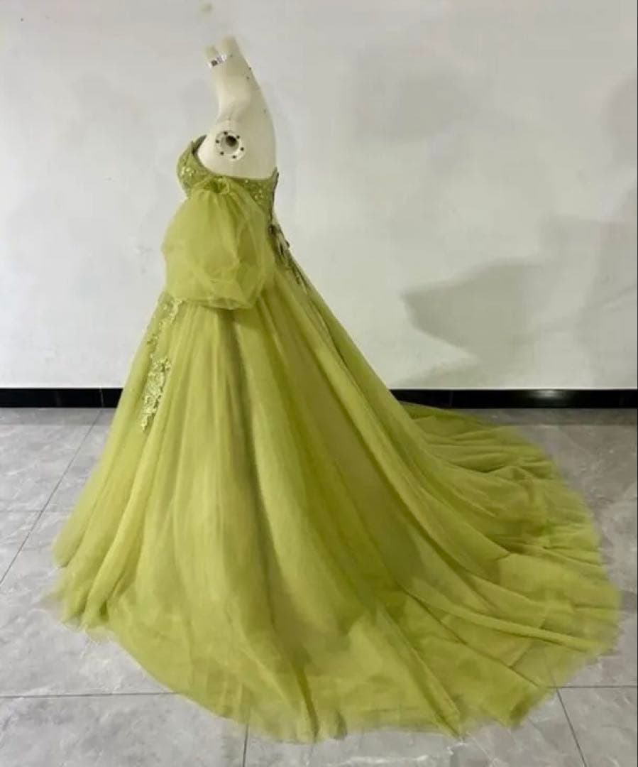 ソフトチュール カラードレス Aライン ピスタチオグリーン 刺繍