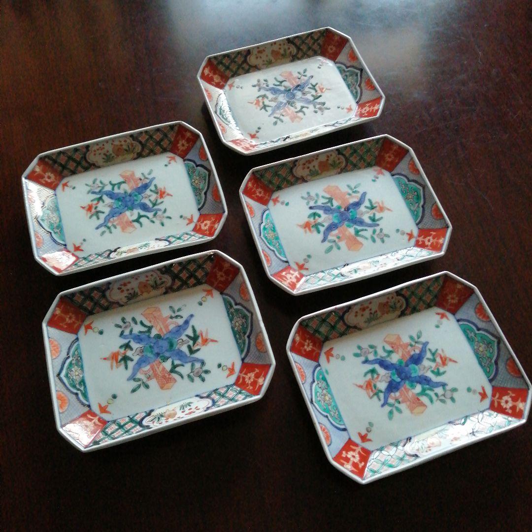 伊万里　錦隅切角皿　5枚　18cm　明治～大正期