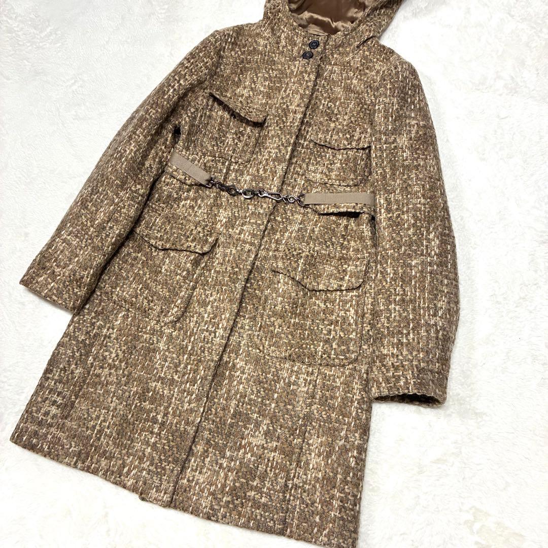 マックスマーラ モヘア アルパカ混 ミックスツイードフーデットコート 36