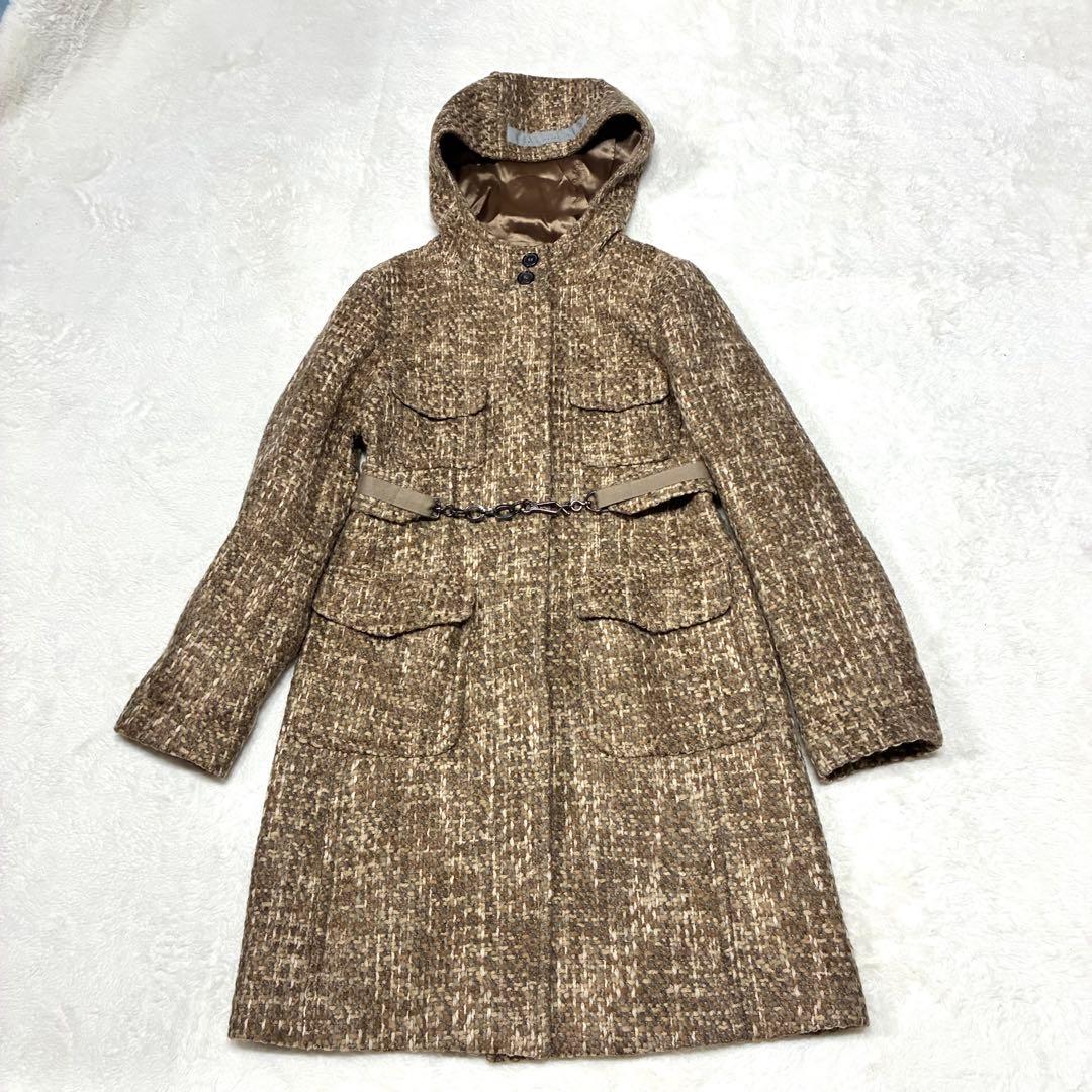 マックスマーラ モヘア アルパカ混 ミックスツイードフーデットコート 36