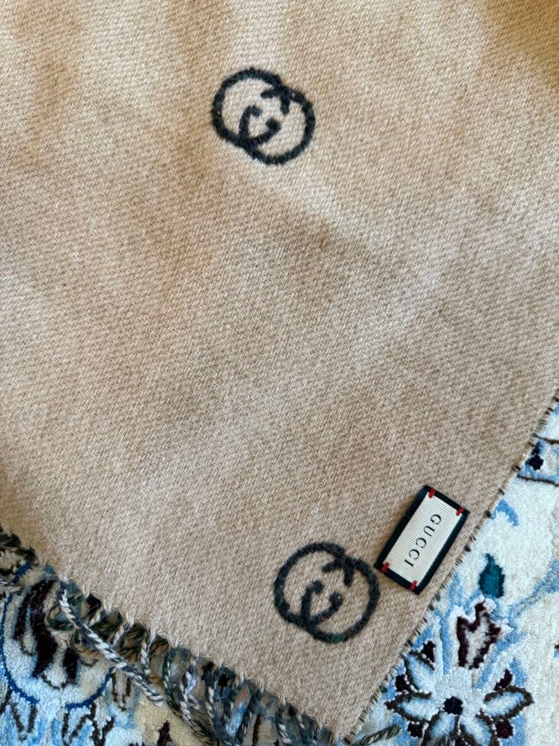 新品未使用【GUCCI 】チェック柄マフラー リバーシブルグリーン/ベージュ