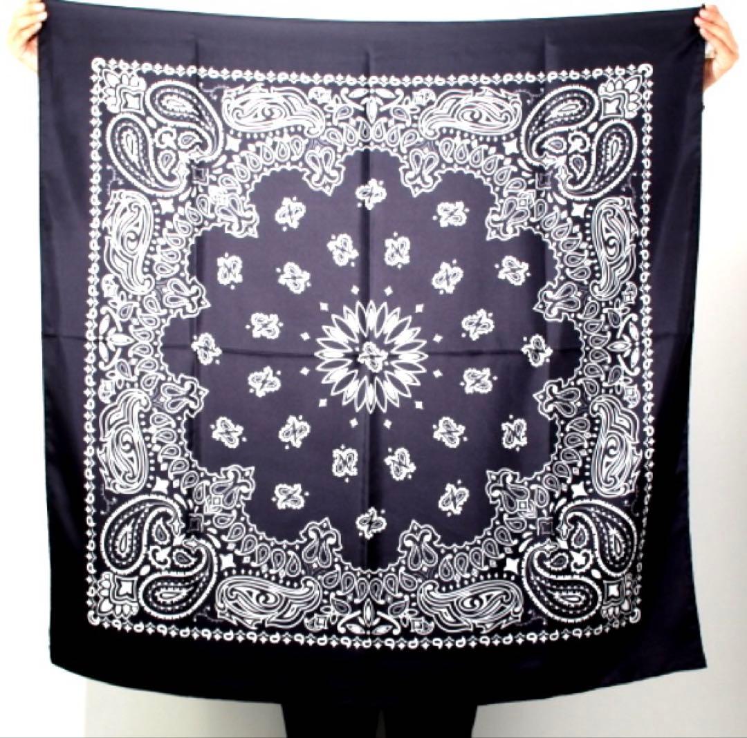 レア　MANIPURI シルク108 バンダナ　ペイズリー　大判ストール　黒
