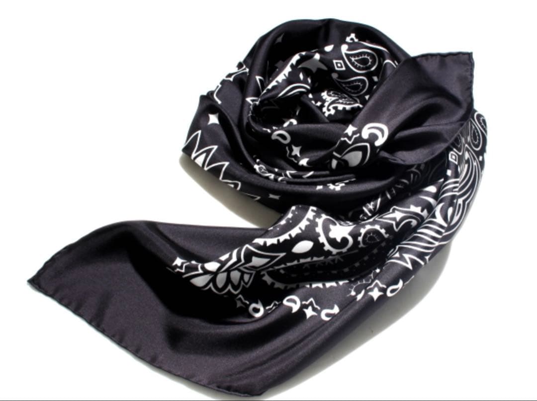 レア　MANIPURI シルク108 バンダナ　ペイズリー　大判ストール　黒