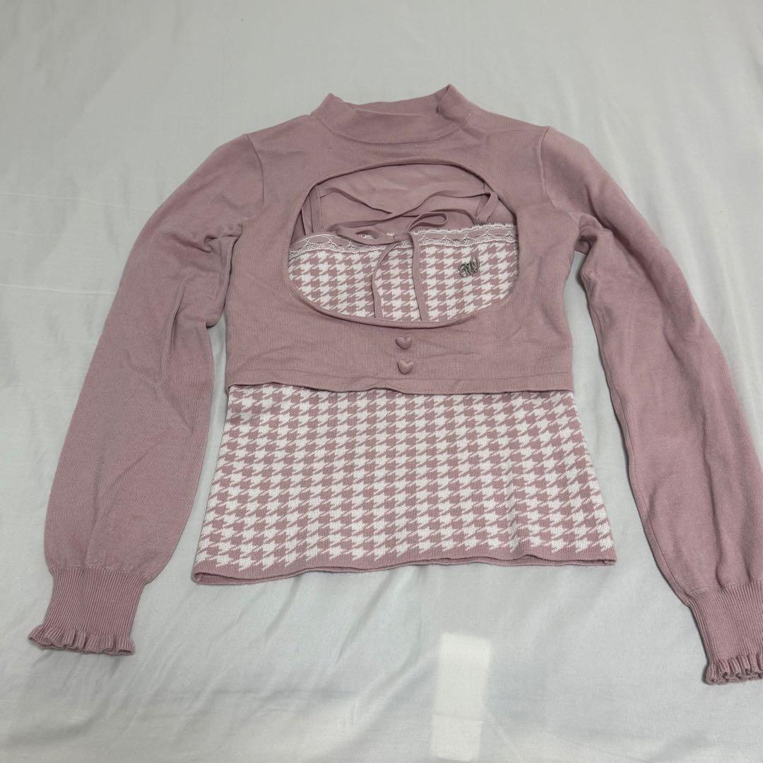 ハニーミュー 千鳥柄ハイネックアンサンブルトップス ピンク