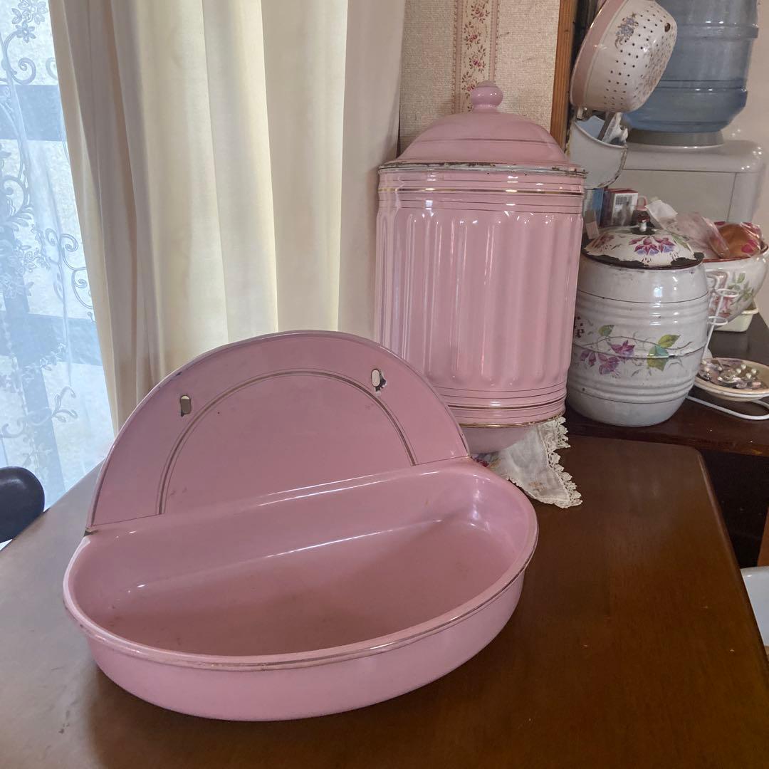 土日日曜日お値下げアンティークフランスホーローファウンテンピンク