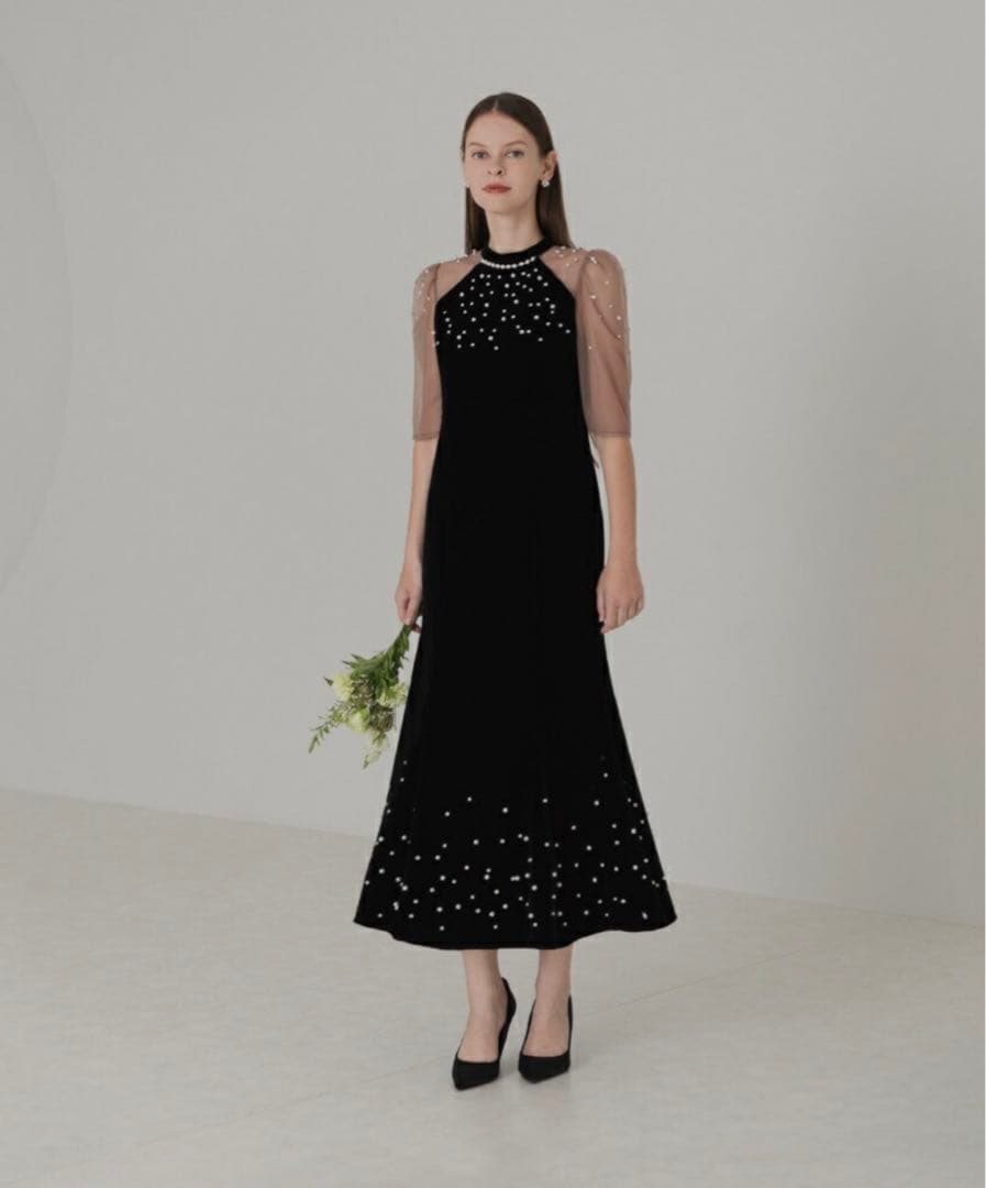 Leja シアースリーブパールビジューベロアマーメイドドレスワンピース 結婚式