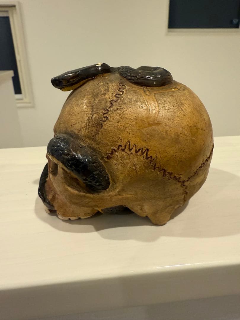 髑髏蛇レトロ置物スカルと蛇の彫刻 陶器