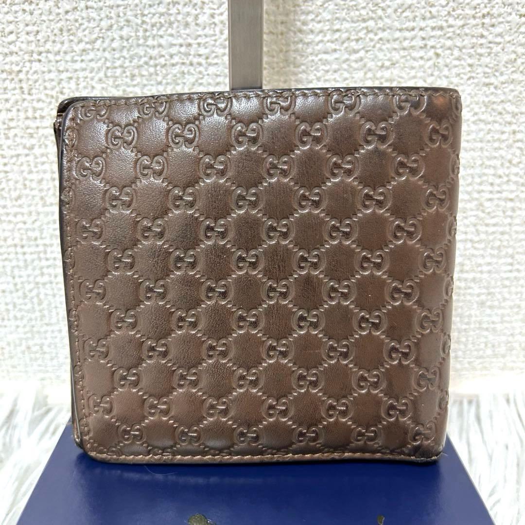 【人気✨マイクロシマ/レザー】グッチ　二つ折り財布　ブラウン　レザー　男女兼用