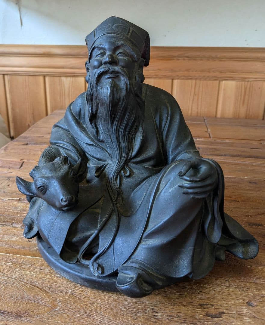 ブロンズ彫刻 時代物　金工師　老人像　鹿　山本孤山作　置物