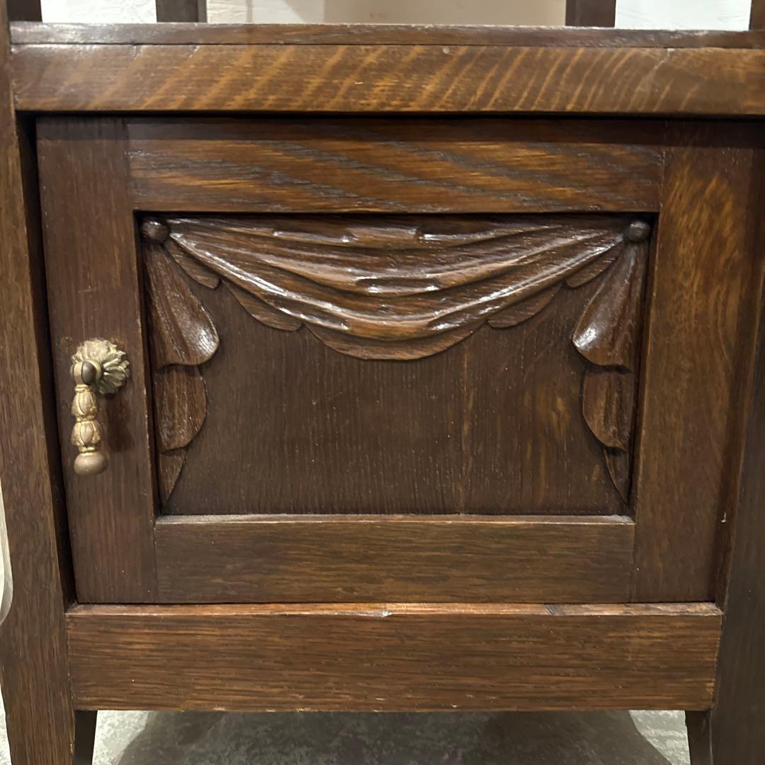 ヴィンテージ　木製サイドテーブル　引き出し/扉収納付き　大理石天板