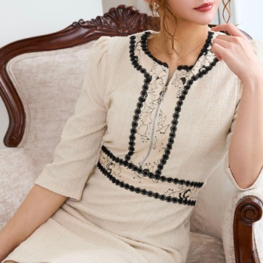 【まろん】SOBRE★レース切り替えツイードワンピース