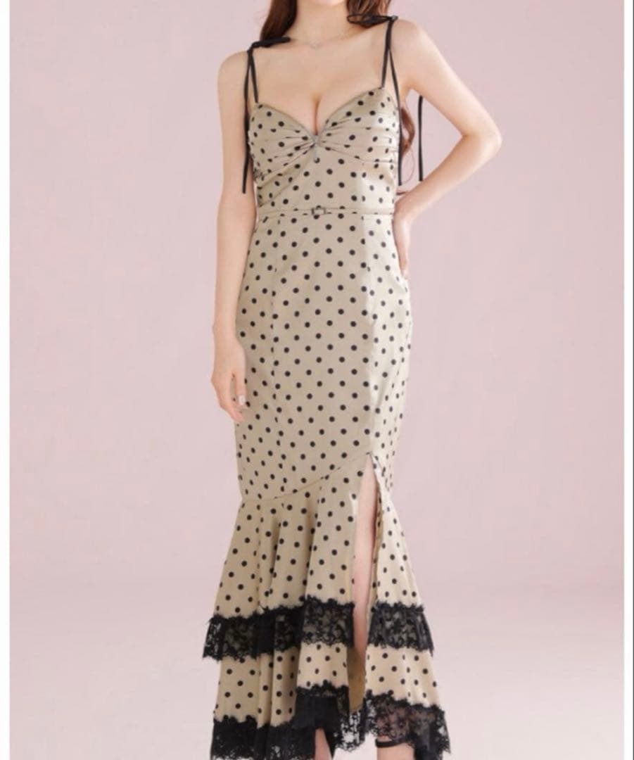 【ローブドフルール】 ドットサテンフリルロングドレス