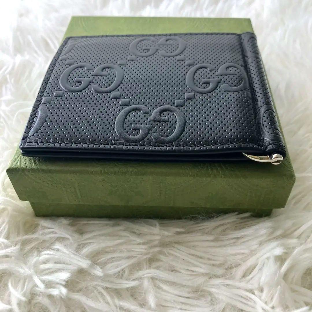 ✨ほぼ未使用　付属品完備✨グッチ　マネークリップ　エンボスレザー　ブラック　黒