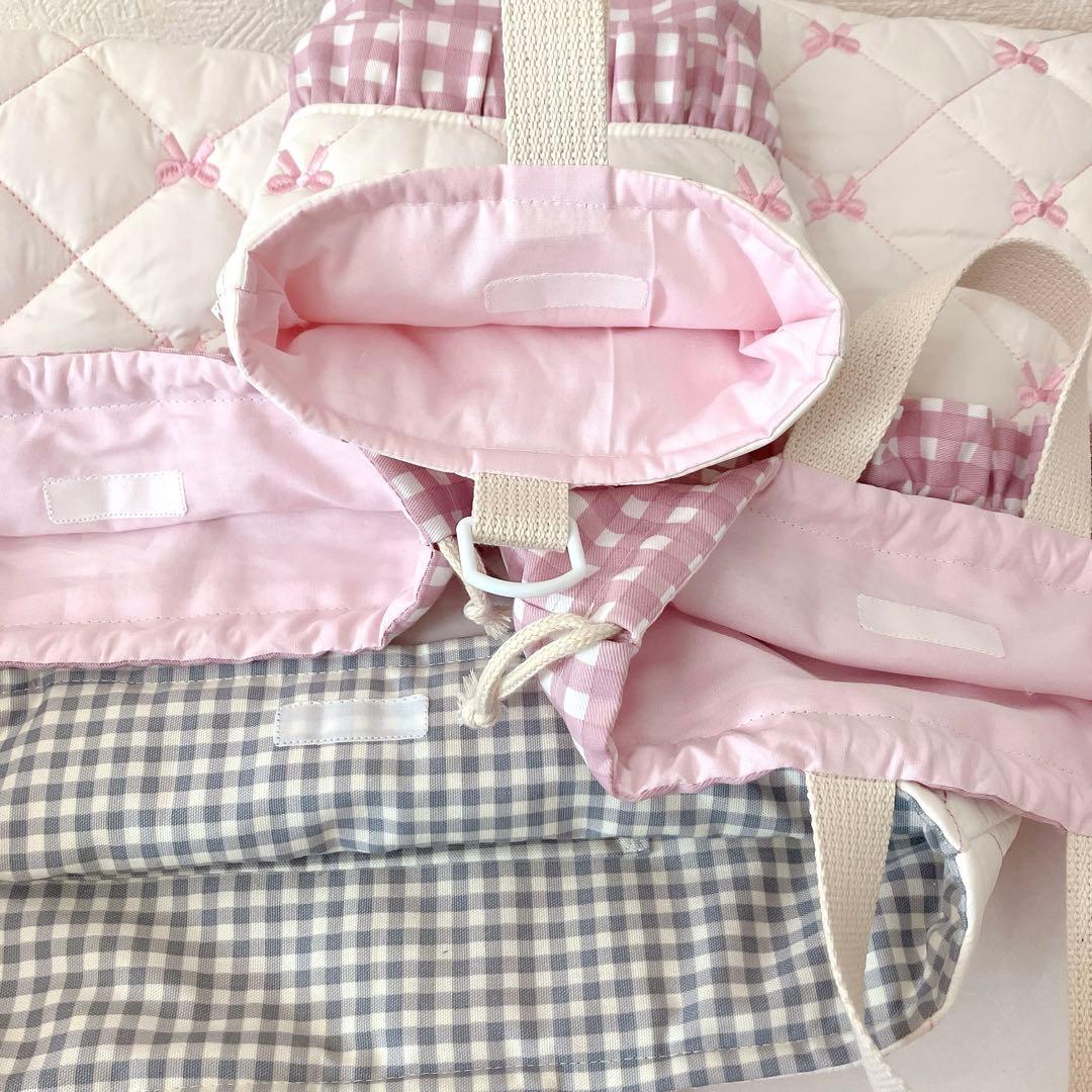 レッスンバッグ 上履き入れ体操服袋　2お弁当袋　リボンキルト