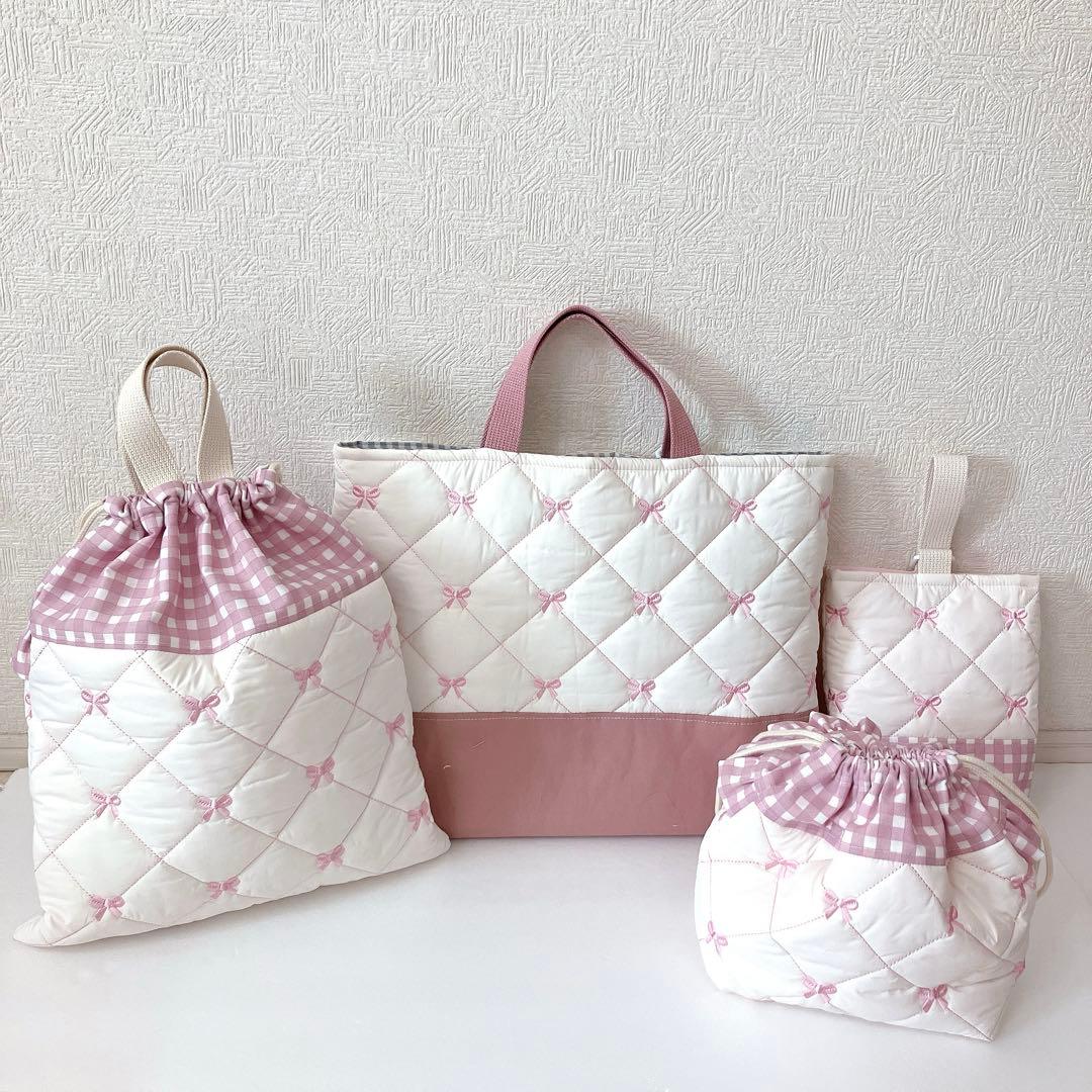 レッスンバッグ 上履き入れ体操服袋　2お弁当袋　リボンキルト