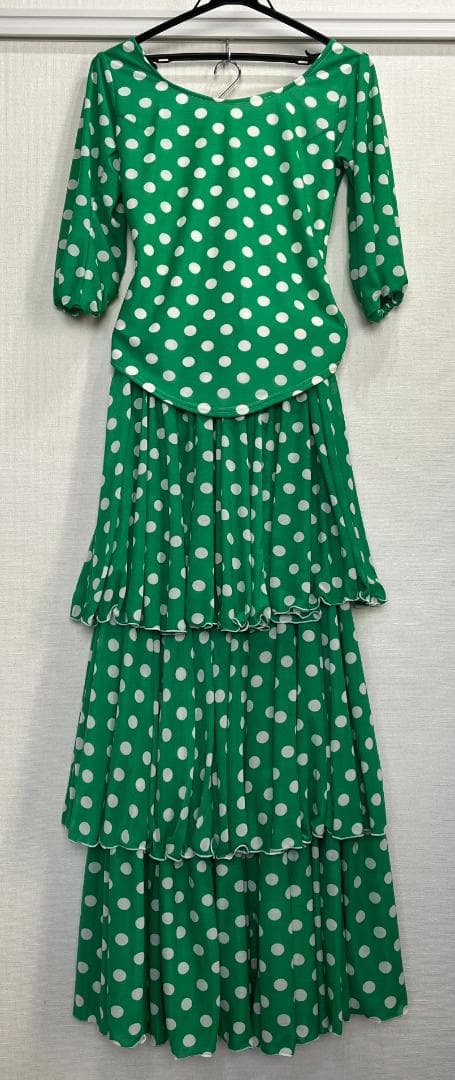 フラメンコ衣装 ツーピース+スカーフ グリーン×白水玉 ストレッチ フリル 軽量