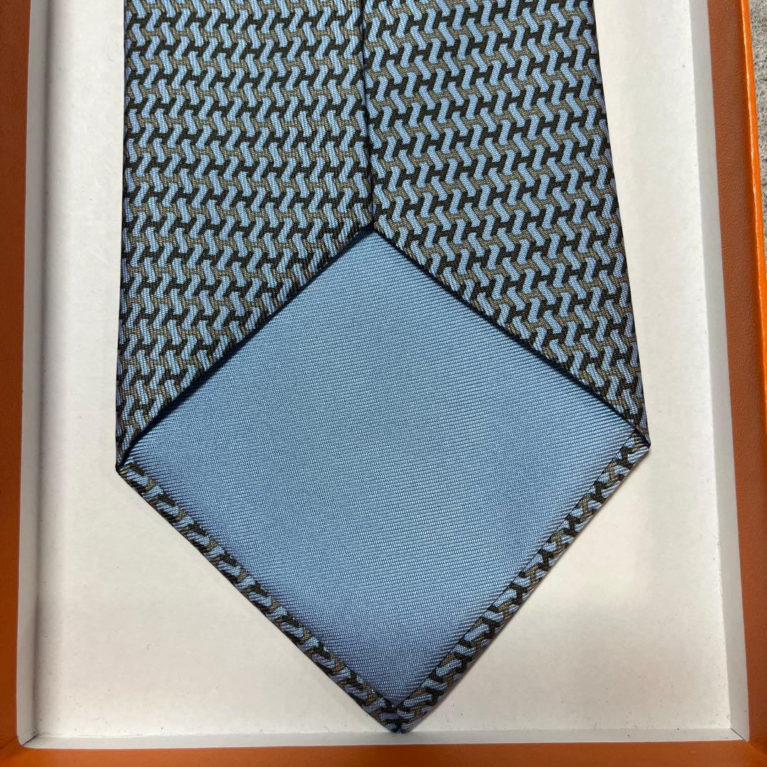 未使用タグ付　箱・袋付　エルメス　ネクタイ　青・茶色　H柄