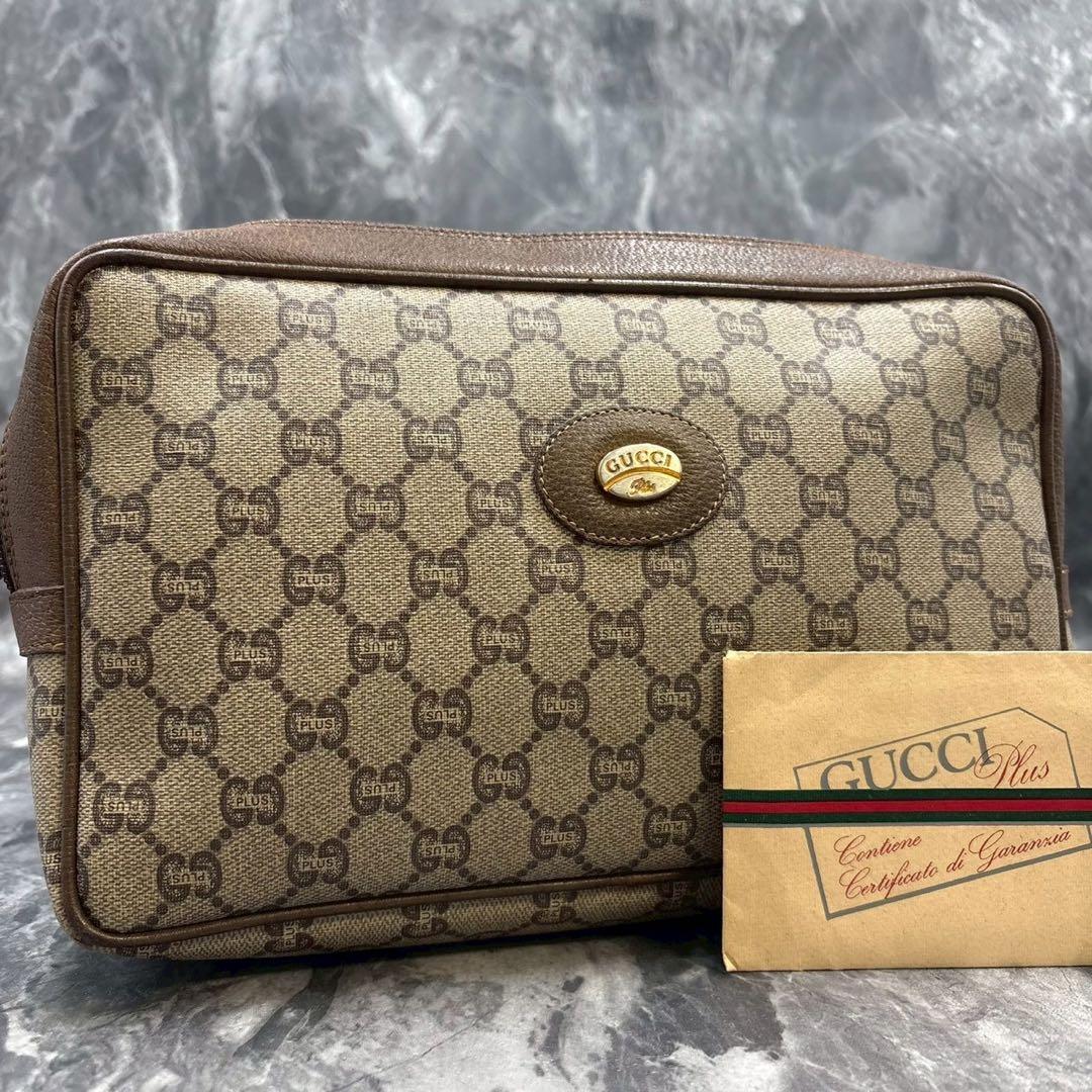 ✨美品✨GUCCI クラッチバッグ GG ブラウン ベージュ ロゴ レザー 金具