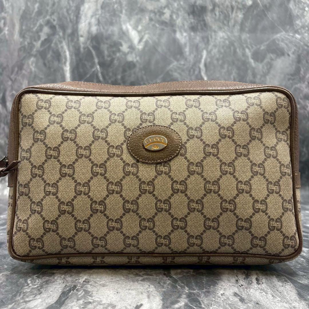 ✨美品✨GUCCI クラッチバッグ GG ブラウン ベージュ ロゴ レザー 金具