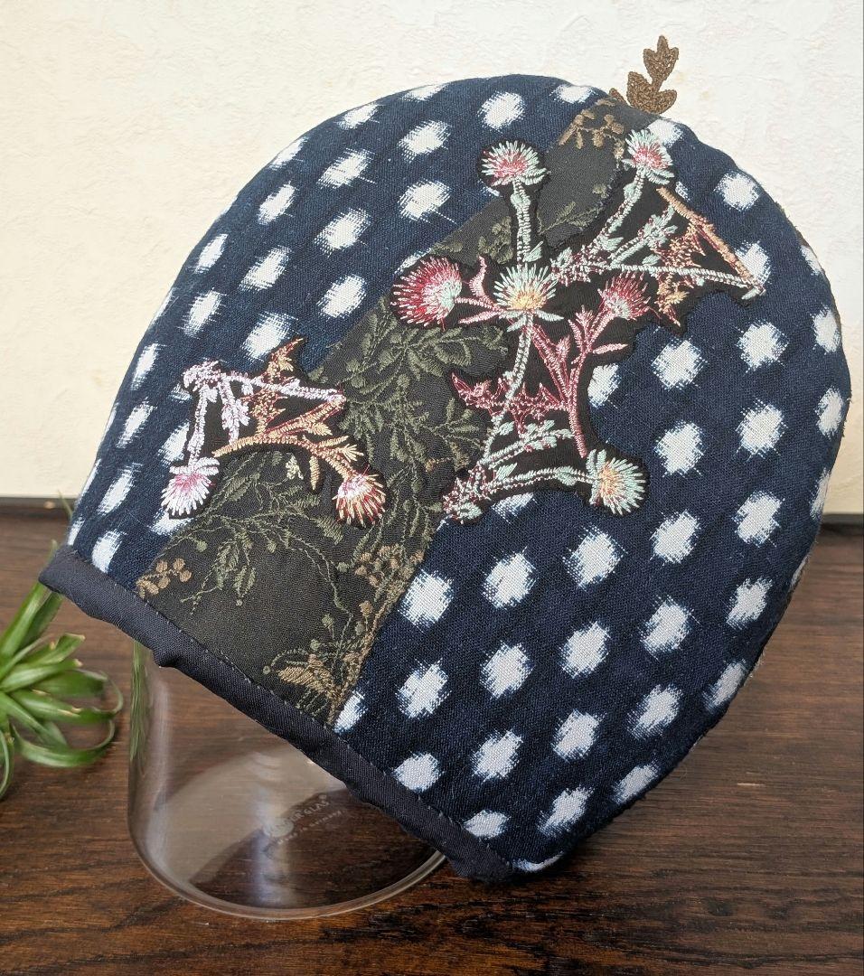 ガレ調・ポットコジー《アザミとWolf＆Flower》古布　藍染　ミナ　PJC