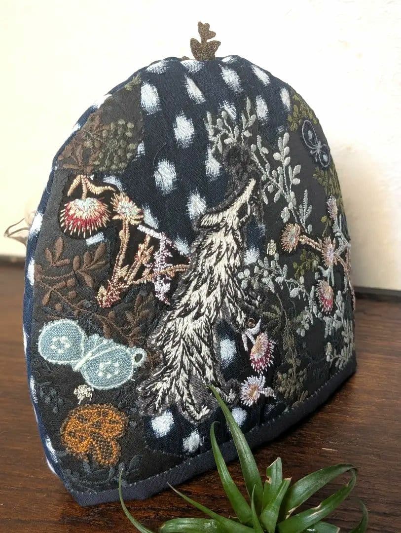 ガレ調・ポットコジー《アザミとWolf＆Flower》古布　藍染　ミナ　PJC