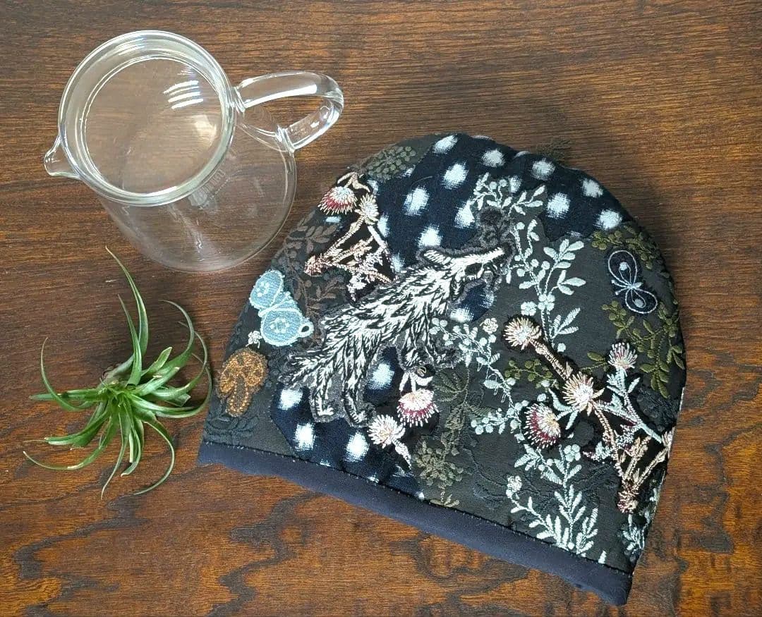 ガレ調・ポットコジー《アザミとWolf＆Flower》古布　藍染　ミナ　PJC