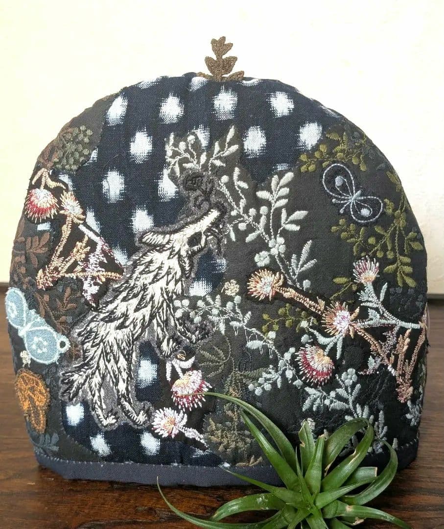 ガレ調・ポットコジー《アザミとWolf＆Flower》古布　藍染　ミナ　PJC