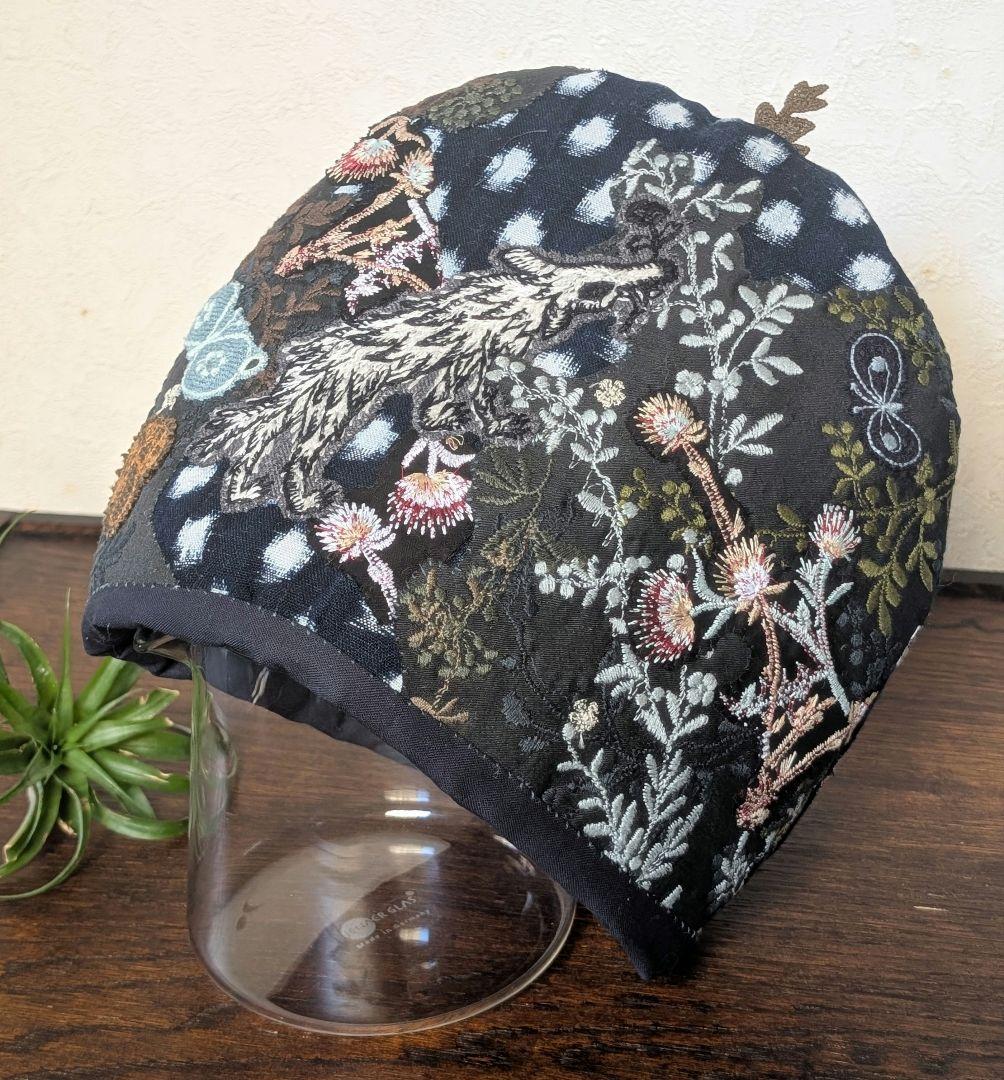 ガレ調・ポットコジー《アザミとWolf＆Flower》古布　藍染　ミナ　PJC