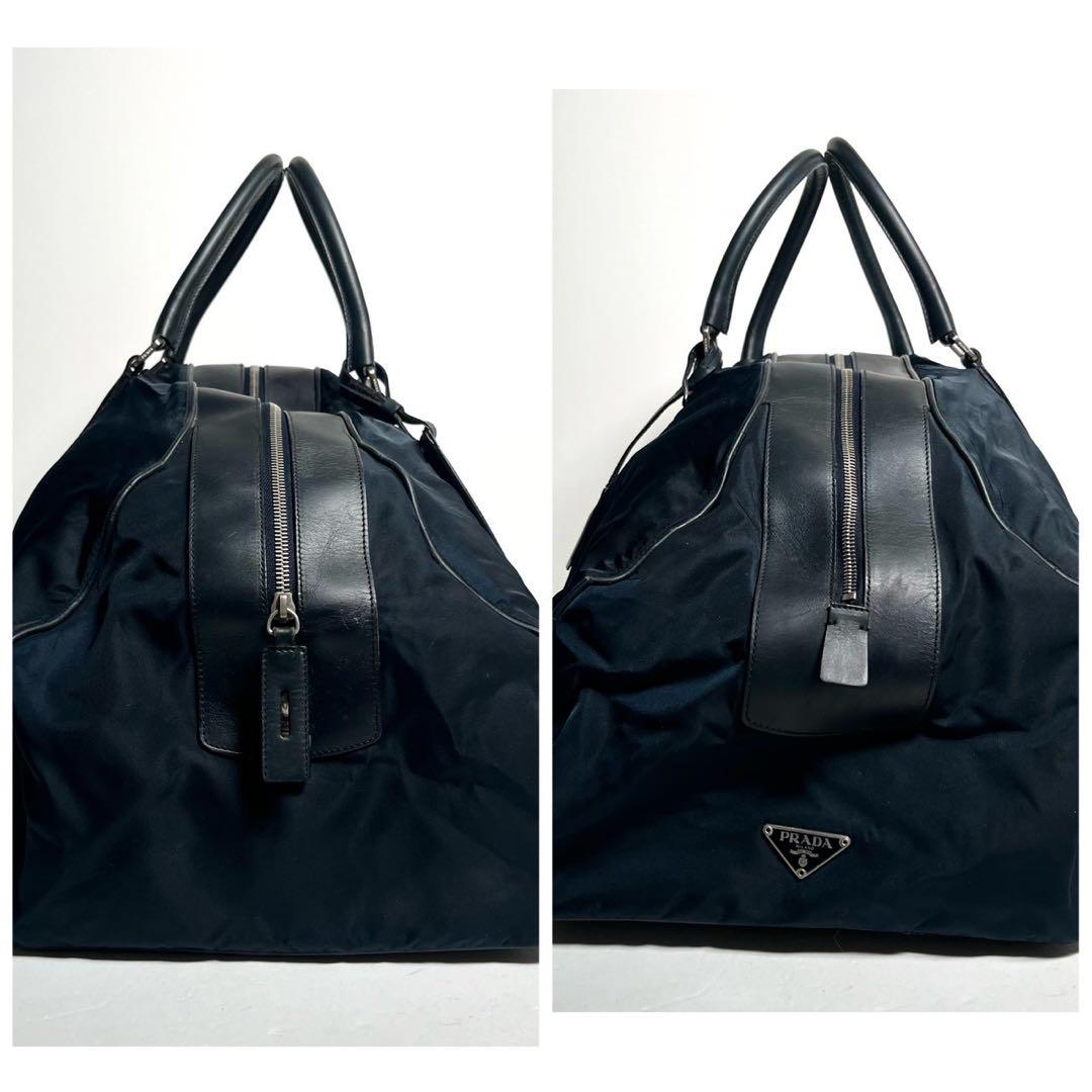 プラダ　ボストンバッグ　南京錠　鍵付き　テスートナイロン × レザー ネイビー