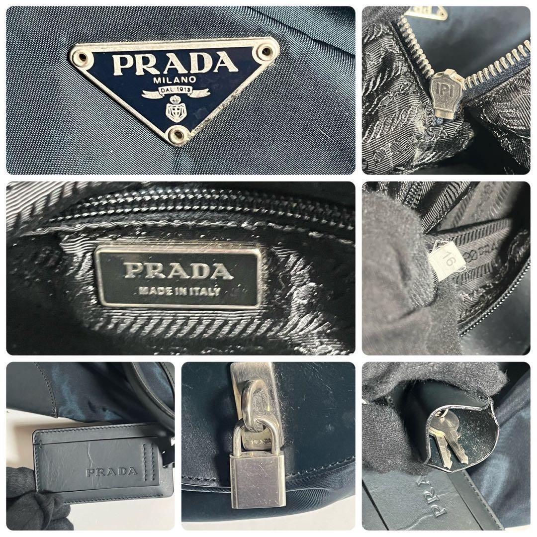 プラダ　ボストンバッグ　南京錠　鍵付き　テスートナイロン × レザー ネイビー