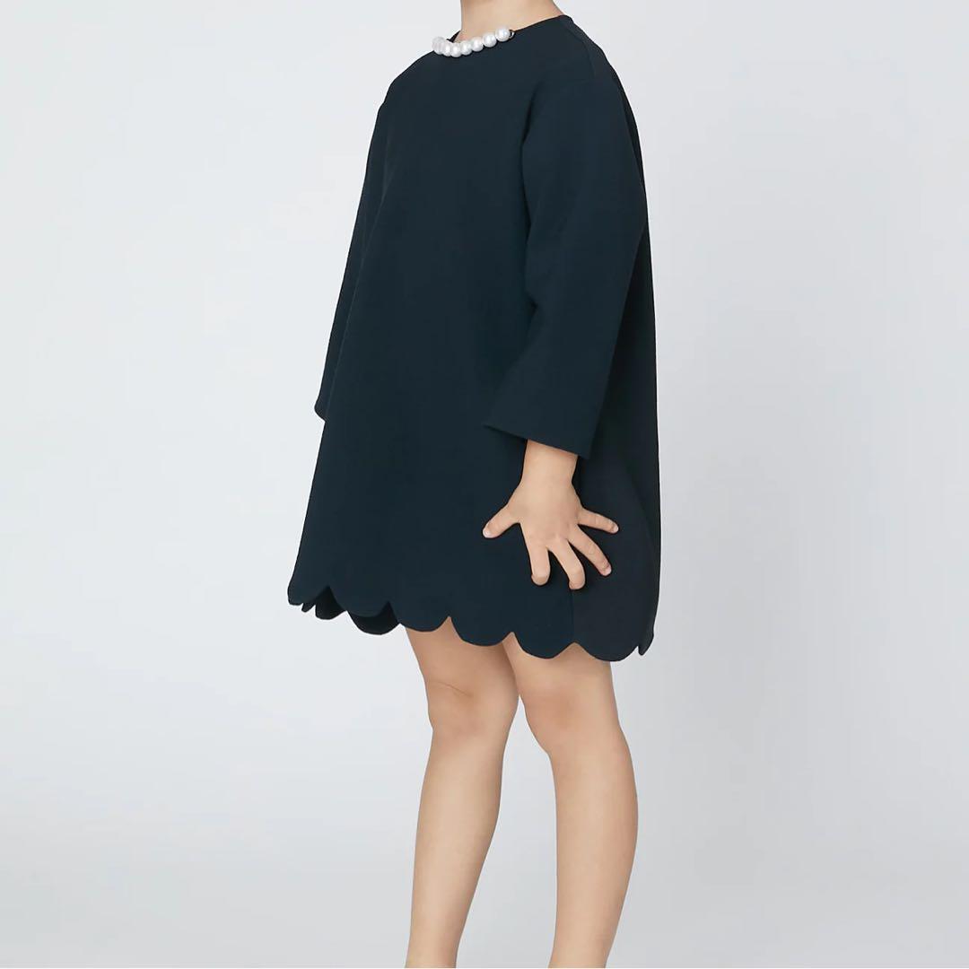 YOKO CHAN PETITE ロングスリーブパールヘムスカラップドレス　M