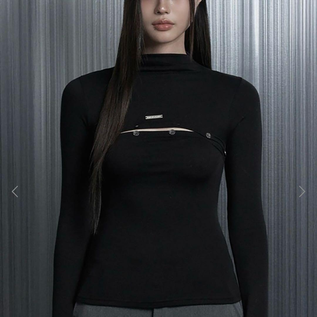 トップス On-Off Button Split Long Sleeve Tee