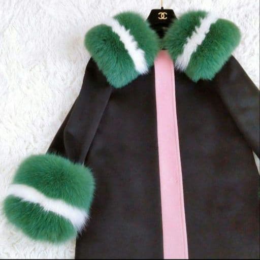 ボリューム ファーポイントコート 黒・緑・ピンク　リアルファー　フォックス　S