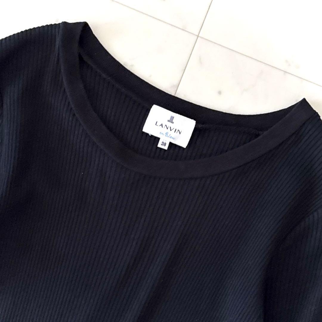 美品 ランバンオンブルー ロゴテープワンピース ブラック × カーキ 38 M