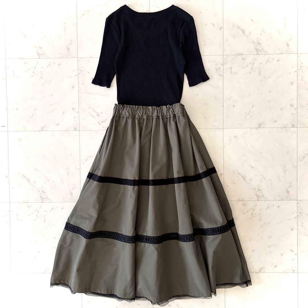 美品 ランバンオンブルー ロゴテープワンピース ブラック × カーキ 38 M