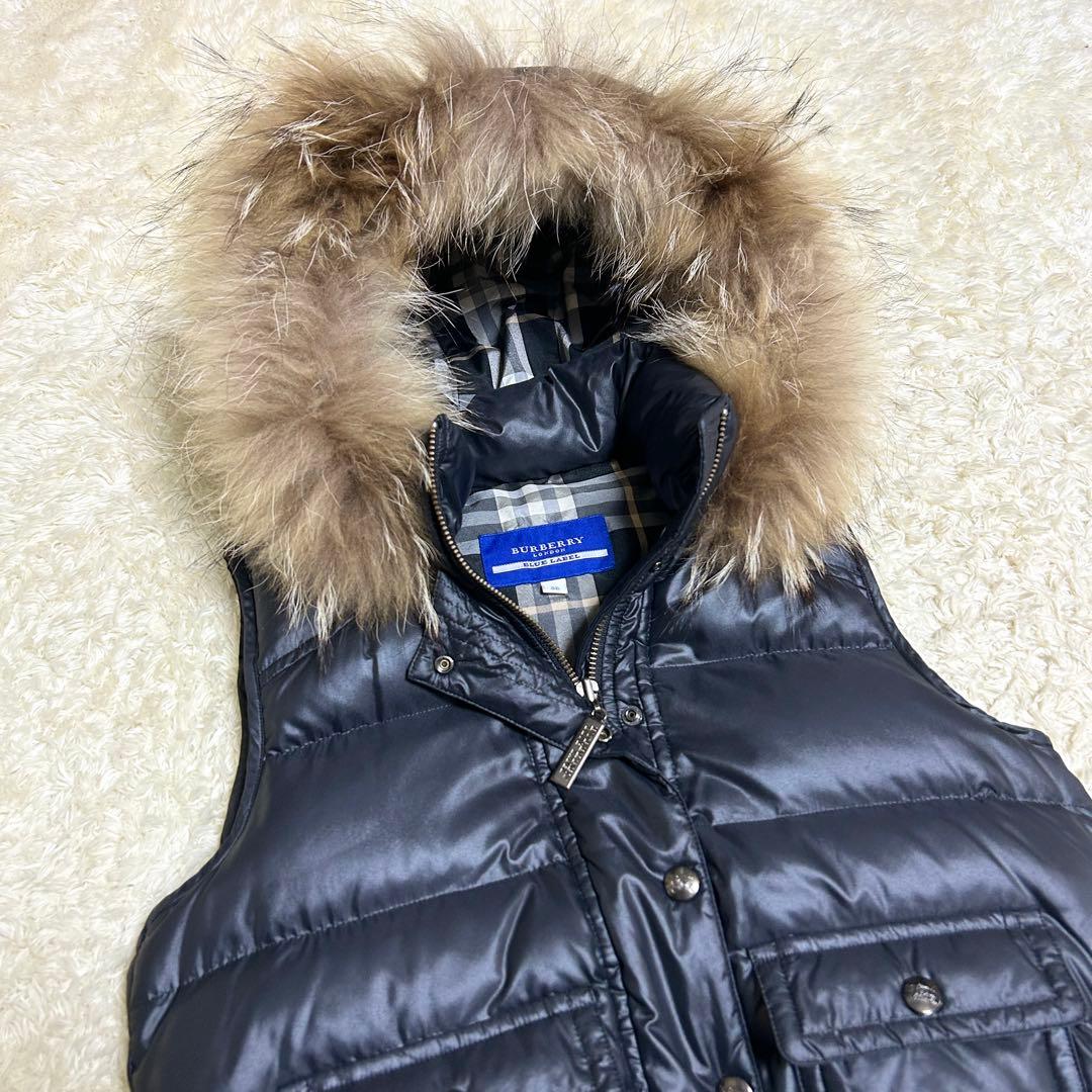 極美品✨ バーバリーブルーレーベル ダウンベスト ノバチェック ラクーンファー