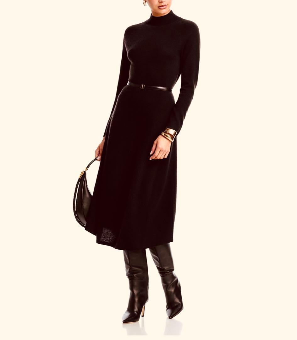 カシミヤ100%❤️モックネックAラインワンピースドレス❤️ダークブラウン