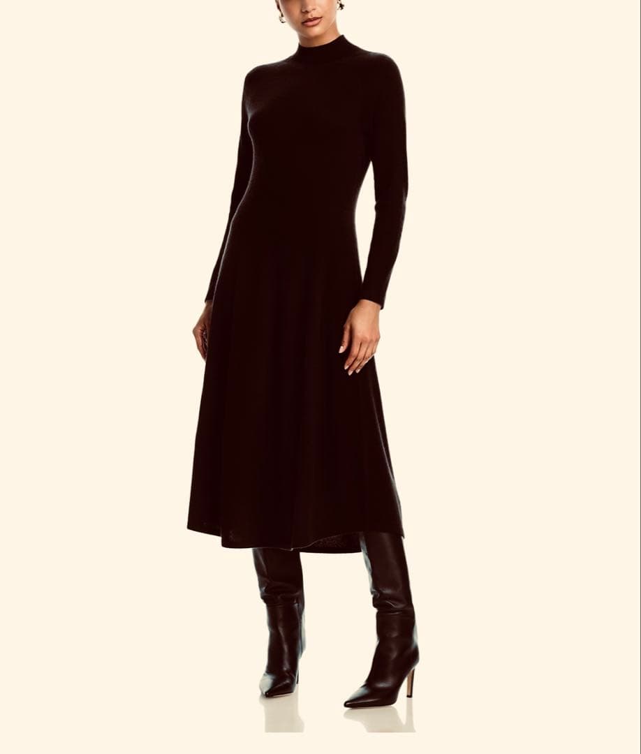 カシミヤ100%❤️モックネックAラインワンピースドレス❤️ダークブラウン