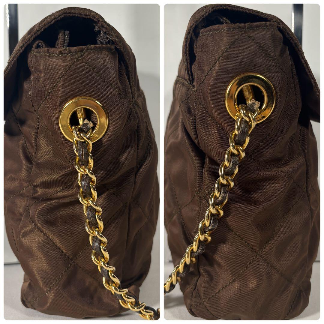 プラダ ショルダーバッグ 肩掛け チェーン キルティング 三角ロゴ ブラウン