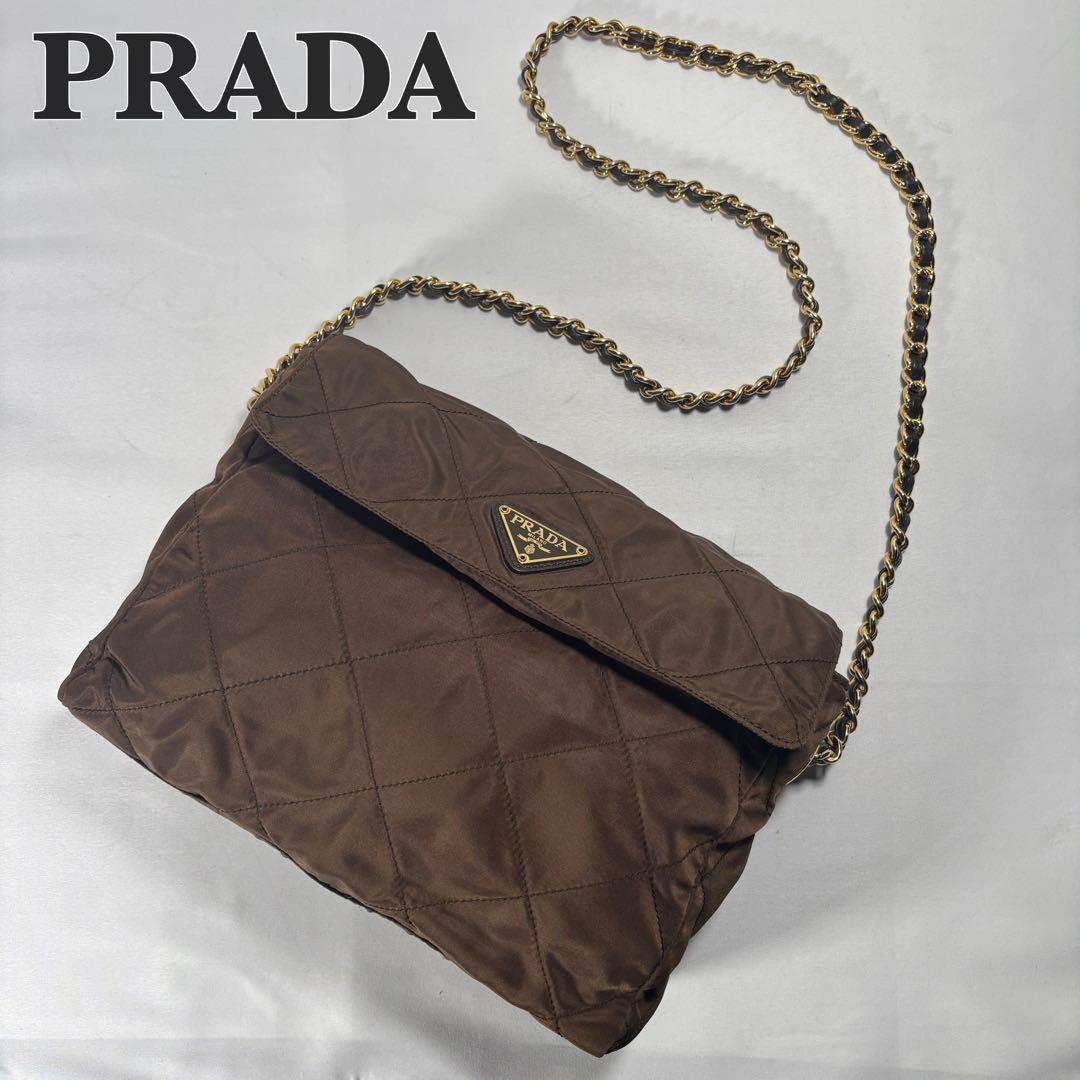 プラダ ショルダーバッグ 肩掛け チェーン キルティング 三角ロゴ ブラウン
